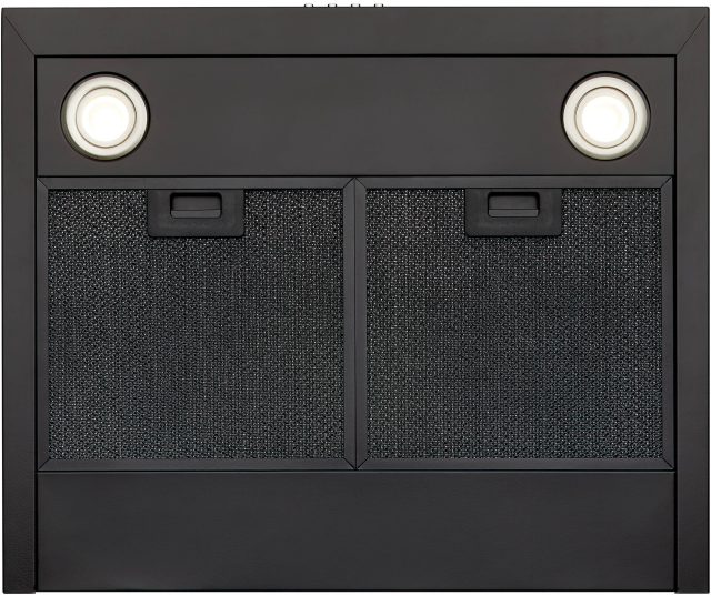 Inventum AKB6000ZWA afzuigkap frontaal detail met twee Led-lampen en dubbele filtereenheden