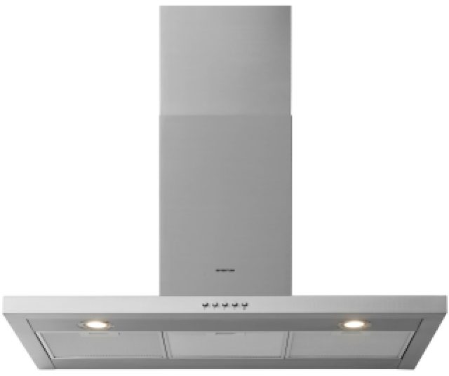 Inventum AKB9000RVS afzuigkap, vooraanzicht met grijze achterwand, bedieningspaneel en twee ingebouwde spotlights