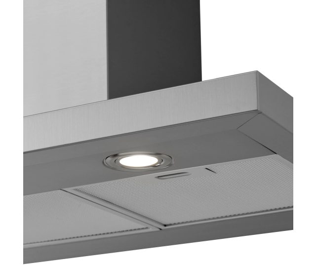 Inventum AKB9000RVS afzuigkap detail schuine bovenkant met spotlight en meshfilter zichtbaar
