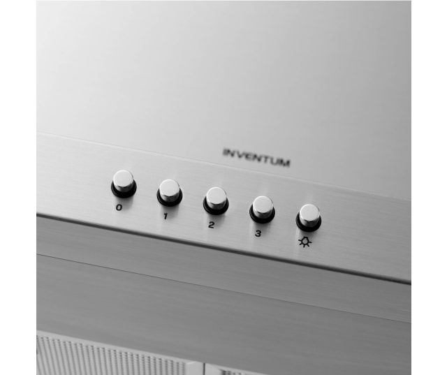 Inventum AKB9000RVS afzuigkap bedieningspaneel detail met vijf draaiknoppen voor snelheid en Inventum-branding
