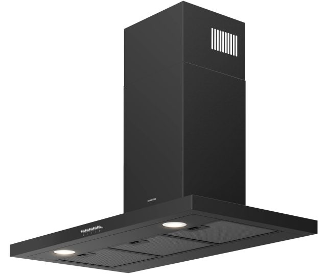 Inventum AKB9000ZWA afzuigkap, schuin aanzicht met rijklapkap, verlichte werkplaat en vetfilters