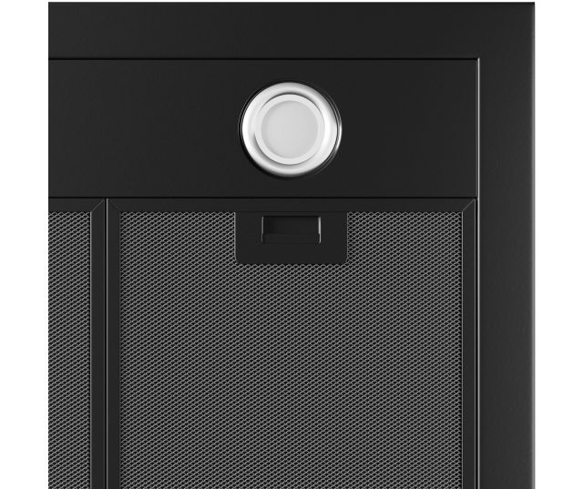 Inventum AKB9000ZWA afzuigkap, detail vetfilter met ronde verlichting en filterkader