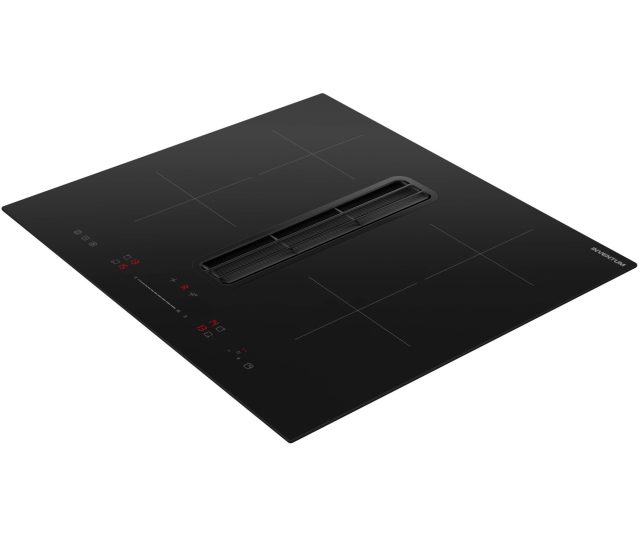 Inventum IKA6035 inductie kookplaat met afzuiging, schuin aanzicht toont vier-zone inductieveld met afzuiging