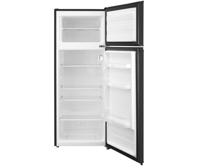 Inventum KV1430B tweedeurs koelkast geopend met leeg interieur, bevriezer bovenin en koelkast onderin