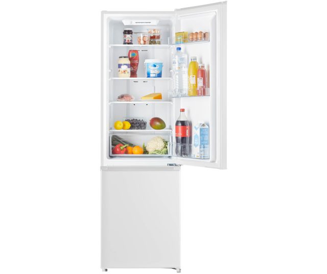 Inventum KV1808W koelkast geopend met voeding, bovenkast met planken en inhoud zichtbaar, onderkast met vriezer