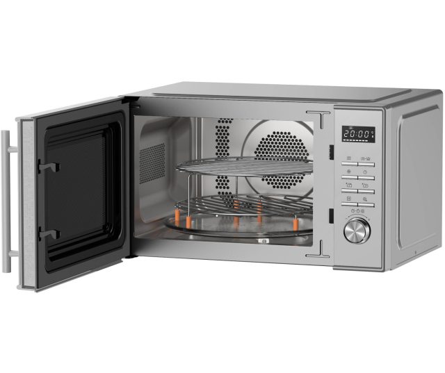 Inventum MN237CS magnetron combi geopende deur met zichtbaar interieur, draaiplateau en twee roosters