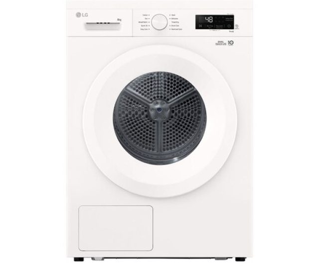 LG RHX1008NWH warmtepompdroger vooraanzicht met gesloten deur en bedieningspaneel