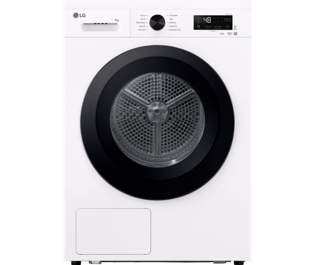 LG RHX1009NWK wasmachine vooraanzicht met witte deur en zwarte handgrepen