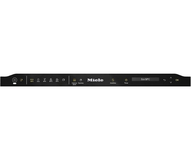Praktisch bij de Miele G 7365 SCVi XXL AutoDos is de overzichtelijke en eenvoudige bediening aan de bovenrand van de vaatwasser