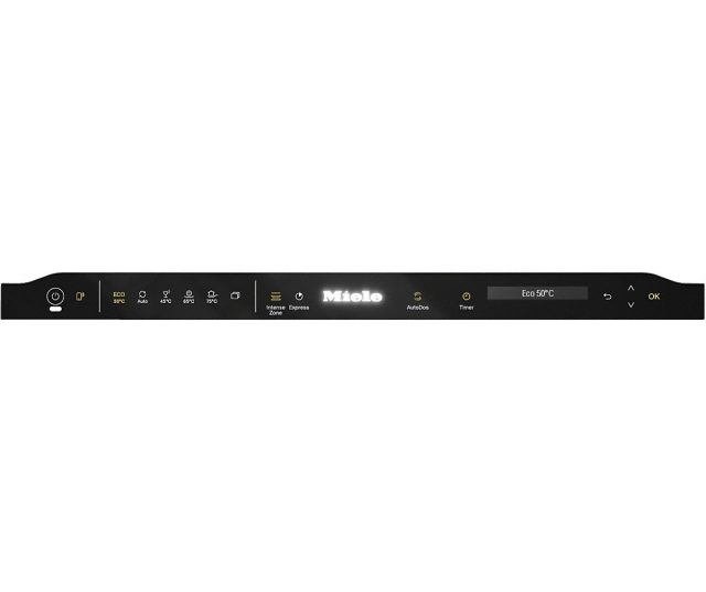 Foto van het bedieningspaneel op de bovenrand van de Miele G 7565 SCVi XXL AutoDos verhoogde inbouw vaatwasser