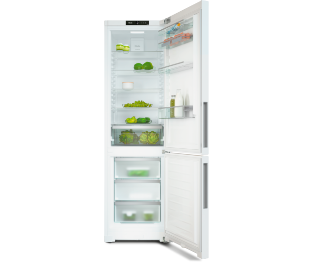 Miele KFN4395CD geopende koelkastdeur met glasplateaus en groentenbak