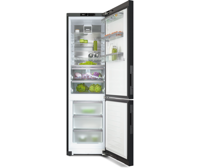 Miele KFN4898 geopende koelkastdeuren met volle inhoud groenten en flessen