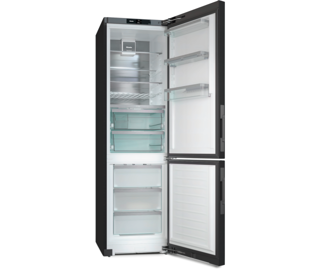 Miele KFN4898 geopende vriezerdeuren met lege laden weergegeven