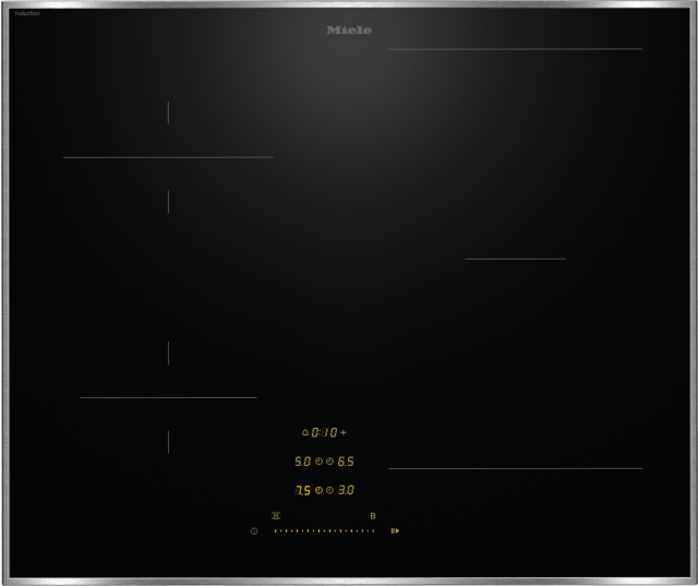 Miele KM 8462 FR inductiekookplaat vooraanzicht met vier kookzones en touch-bediening met gele displays