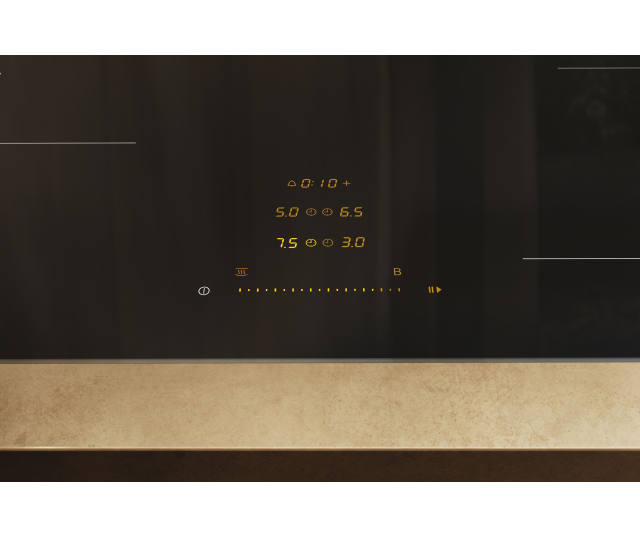 Miele KM 8482 FL inductiekookplaat bedieningspaneel detail met aanraakbediening en temperatuurweergave