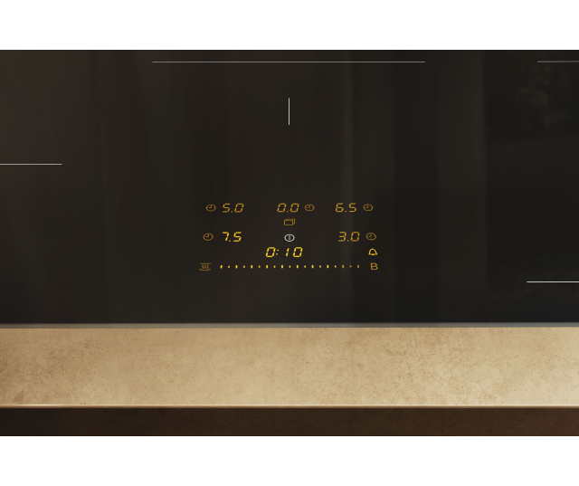 Miele KM 8484 FL inductiekookplaat bedieningspaneel detail met gele digitale display en regelknoppen voor kookzones