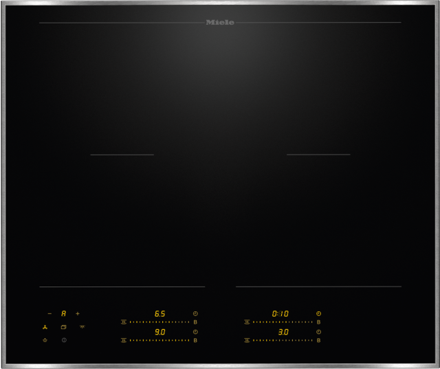 Miele KM 8565 FR inductiekookplaat vooraanzicht met vier kookzones en bedieningspaneel met gele displays en symbooltoetsen