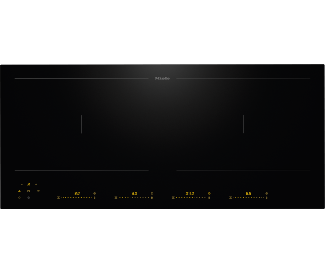 Miele KM8575FL inductiekookplaat vooraanzicht met bedieningspaneel, vier kookzones en digitale display met vermogensindicatie
