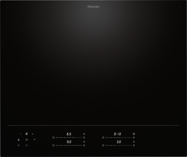 Miele KM8665FL inductiekookplaat vooraanzicht met bedieningspaneel, vier kookzones met vermogensregelaars en digitale display