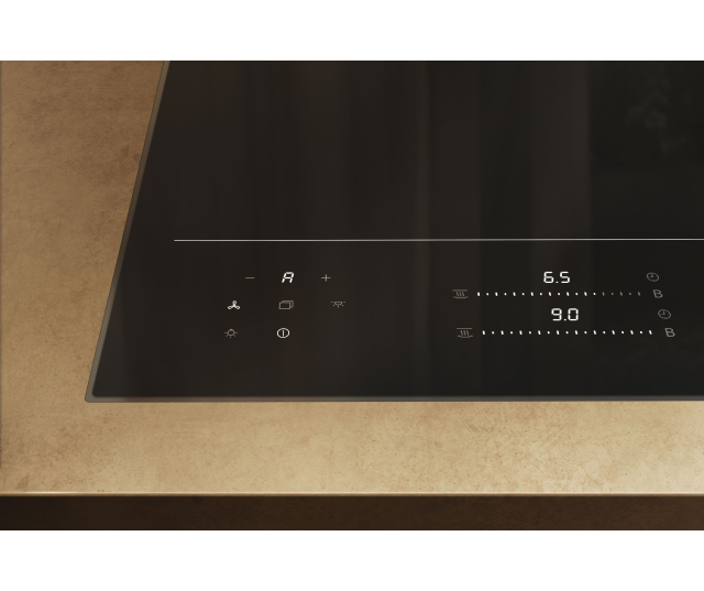 Miele KM8665FL inductiekookplaat detail bedieningspaneel met aanraaktoetsen en vermogensregelaars voor twee kookzones