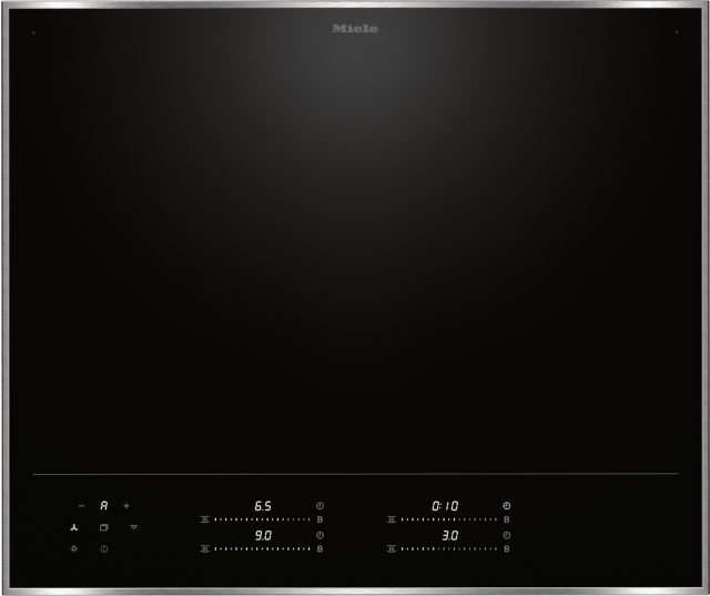 Miele KM8665FR inductiekookplaat vooraanzicht met bedieningspaneel, vier kookzones en digitale displays met temperatuurwaarden