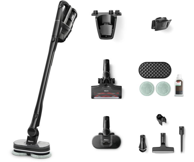 Miele TriflexHX3Aqua stofzuiger met accessoires en reinigingsmiddel, zijkant en onderkant volledig getoond