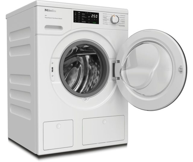 Miele WEG888 WCS wasdroger met geopende deur en zichtbare trommel, profielaanzicht