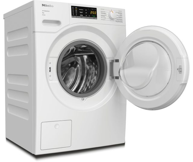 Miele WSA123 WCS perspectief met geopende deur en zijkant met ventilatiesleuven zichtbaar