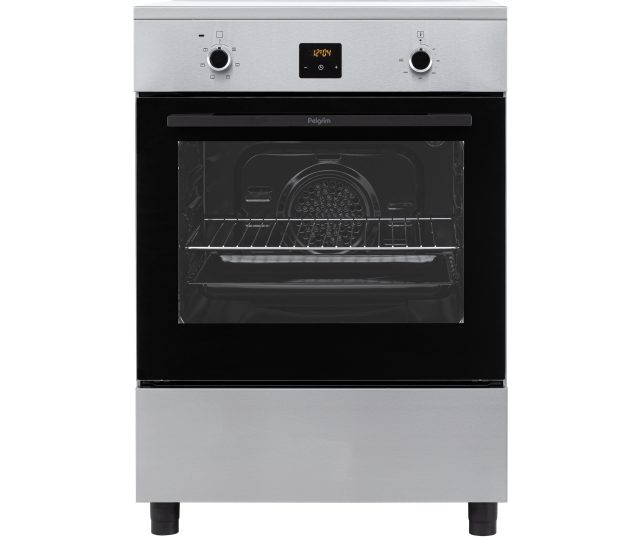 Pelgrim FI560RVS oven vooraanzicht met gesloten deur, bedieningspaneel en digitale display