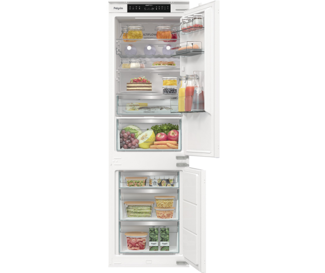 Pelgrim PCS51178N inbouw koel-vriescombinatie geopend met gevulde schappen en Multiflow-systeem zichtbaar