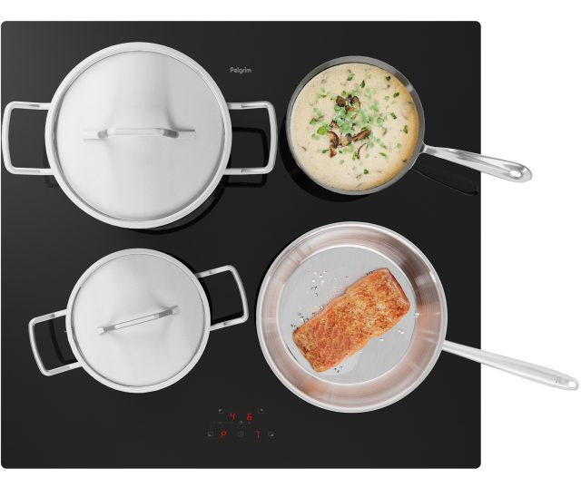 Pelgrim PKI260ZWA inductiekookplaat in gebruik met pannen en pan met eten op vier zones