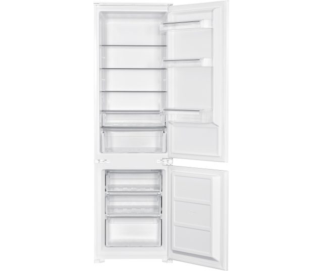 Inbouw koel-vriescombinatie sleepsysteem met geopende deuren, koelkast boven met hylium en vrieskast beneden met laden
