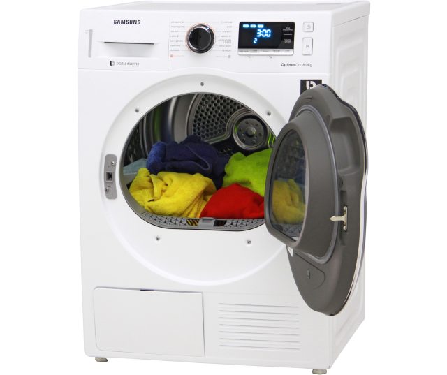 De Samsung DV80M6210CW droger warmtepomp heeft een vulgewicht van 8 kilogram