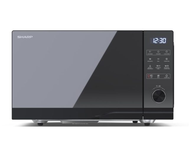 Sharp YC-GC52BE-B magnetron vooraanzicht met bedieningspaneel en digitale klokweergave
