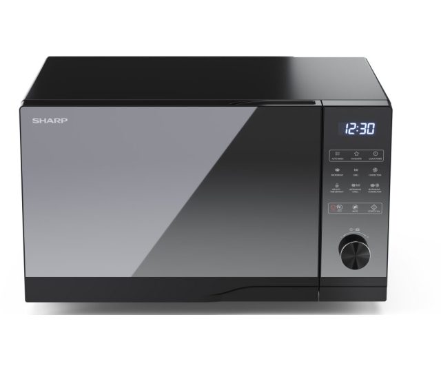 Sharp YC-GC52BE-B magnetron bovenaanzicht met gesloten deur en controleknop