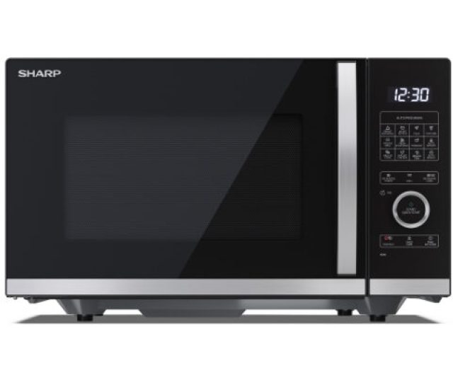 Sharp YC-QG254AE-B magnetron zwart, vooraanzicht met gesloten deur, digitaal display en bedieningspaneel