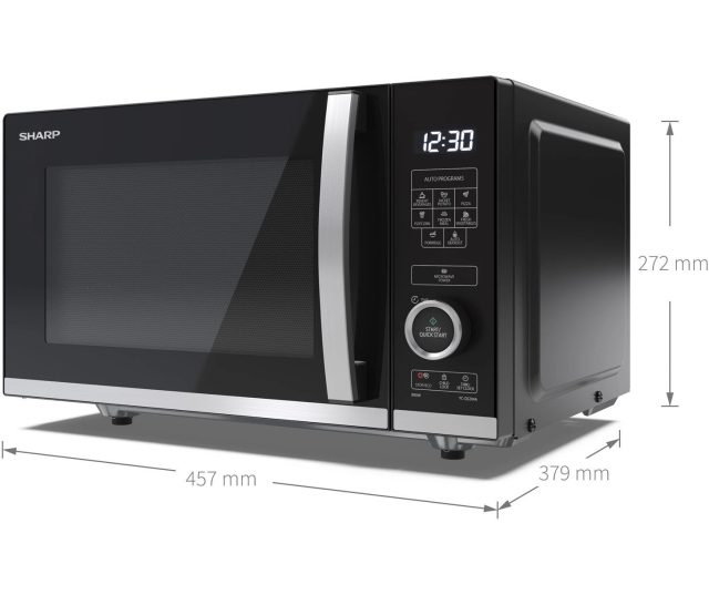 Sharp YC-QS204AE-B magnetron schuin aanzicht met afmetingen aangegeven (457 x 379 x 272 mm)