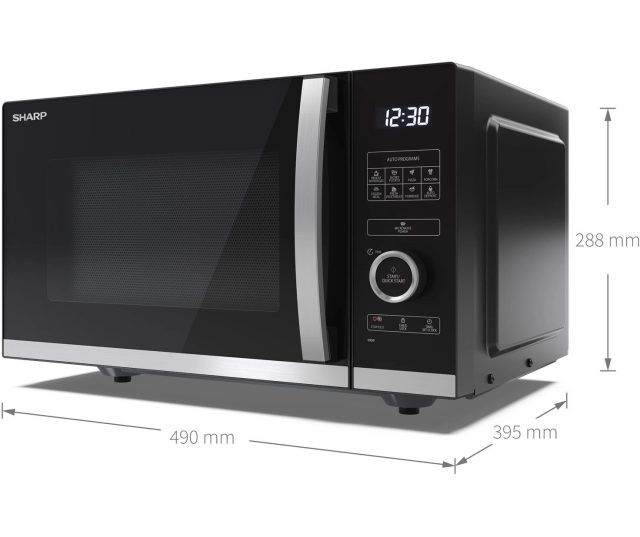 Sharp YC-QS254AE-B magnetron zijaanzicht met afmetingen en gesloten deur