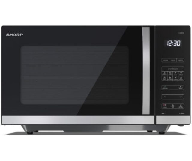 Sharp YC-QS302AE-B magnetron zwart vooraanzicht met gesloten deur, bedieningspaneel rechts en digitaal display