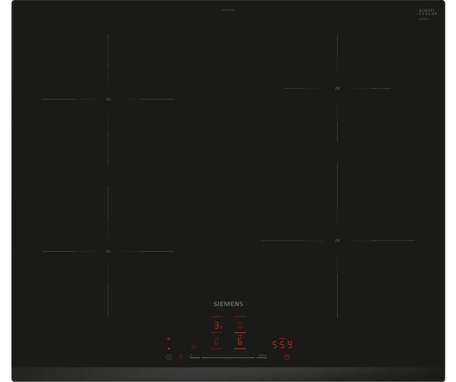 Siemens elektrische kookplaat vooraanzicht met vier inductiezones, bedieningspaneel met rode digitale display en touchbediening onderaan