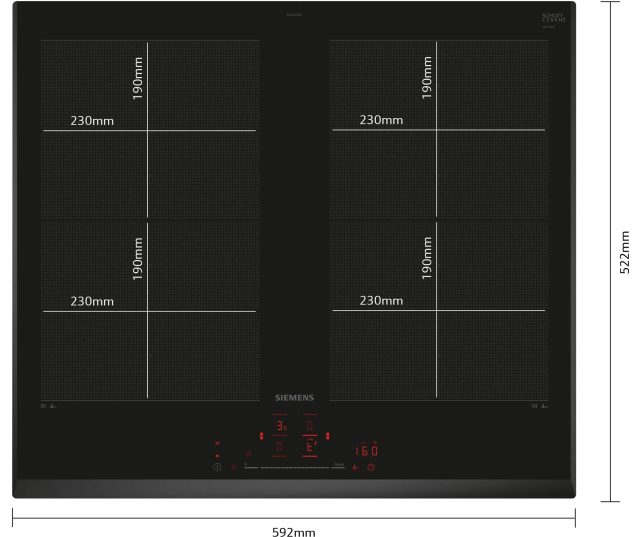 Siemens inductie kookplaat oppervlak met afmetingen vier kookvelden 230x190mm en totale breedte 592mm
