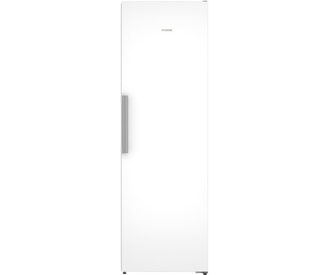 Siemens GS36NVWDG vrieskast wit vooraanzicht met roestvrijstalen greep en Siemens-logo op de deur