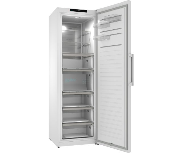 Siemens GS36NVWDG vrieskast open vooraanzicht leeg interieur met Total noFrost, Big Box lade en deurrekken zichtbaar