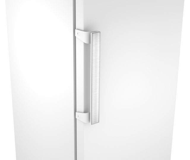 Siemens GS36NVWDG vrieskast close-up van de geborsteld stalen greep op witte deur