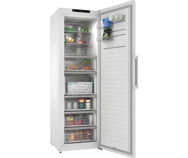 Siemens GS36NVWDG vrieskast volledig open vooraanzicht met gevulde laden en deurrekken inclusief Big Box lade