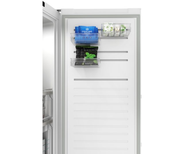 Siemens GS36NVWDG vrieskast detail binnenste deur bovenste rekken met cooling packs, kruiden en HerbaFrost-bakjes