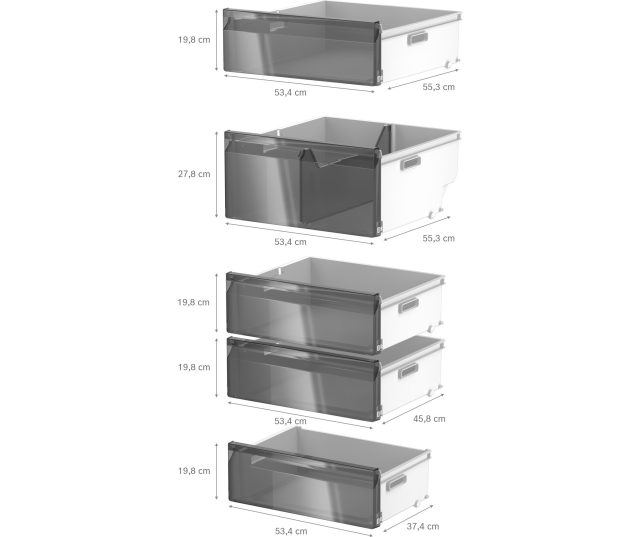 Siemens GS56NEWCM vrieskast laden met afmetingen, BigBox en standaard vriesladen technische weergave