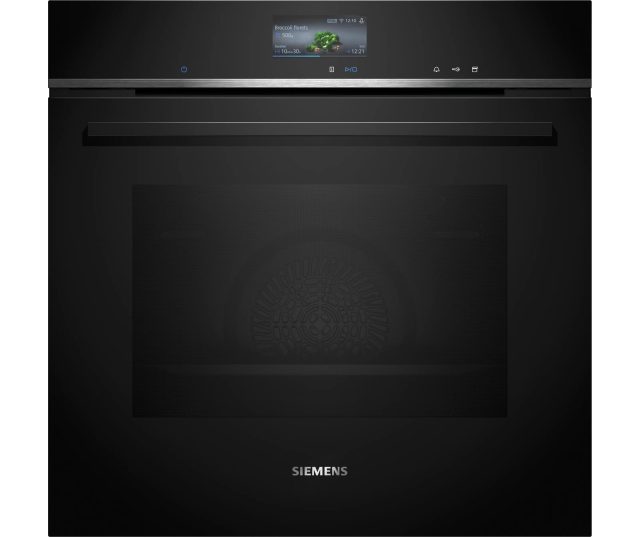 Siemens HS736G1B1 compacte oven vooraanzicht met touchdisplay en broccolirecept weergegeven
