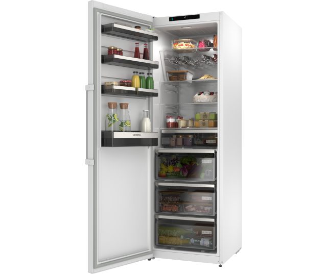 Siemens KS36NEWCM koelkast schuine vooraanzicht open deur met volledig ingedeeld interieur en HyperFresh-lades