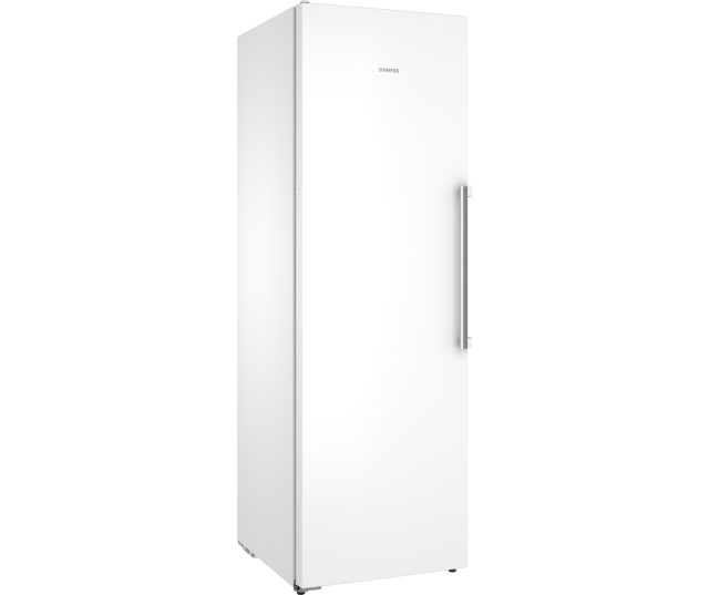 Siemens KS36NEWCM vrijstaande koelkast driekwart zijaanzicht witte behuizing met roestvrijstalen greep
